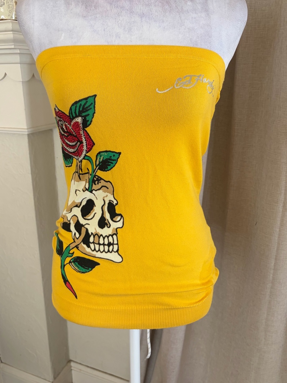 Ed Hardy Yellow Skull & Rose Strapless Camisole woman’s xs